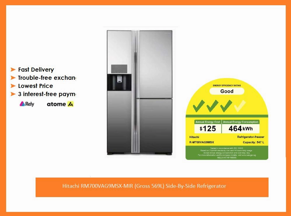 Hitachi RM700VAG9MSX-MIR (Gross 569L) Side-By-Side Refrigerator   BD90YAV 9kg Powered Inverter Front Load Washing Machine