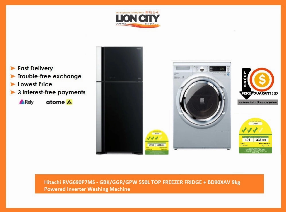 Hitachi RVG690P7MS - GBK/GGR/GPW 550L TOP FREEZER FRIDGE   BD90XAV 9kg Powered Inverter Washing Machine
