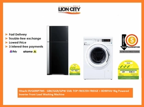 Hitachi RVG690P7MS - GBK/GGR/GPW 550L TOP FREEZER FRIDGE   BD90YAV 9kg Powered Inverter Front Load Washing Machine
