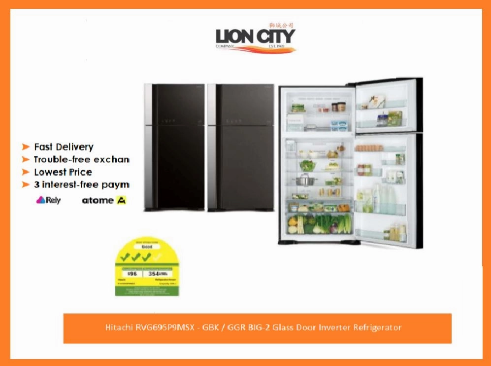 Hitachi RVG695P9MSX - GBK / GGR BIG-2 Glass Door Inverter Refrigerator   BD90YAV 9kg Powered Inverter Front Load Washing Machine