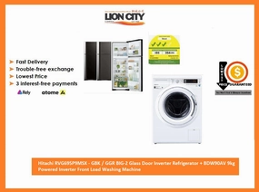 Hitachi RVG695P9MSX - GBK / GGR BIG-2 Glass Door Inverter Refrigerator   BDW90AV 9kg Powered Inverter Front Load Washing Machine