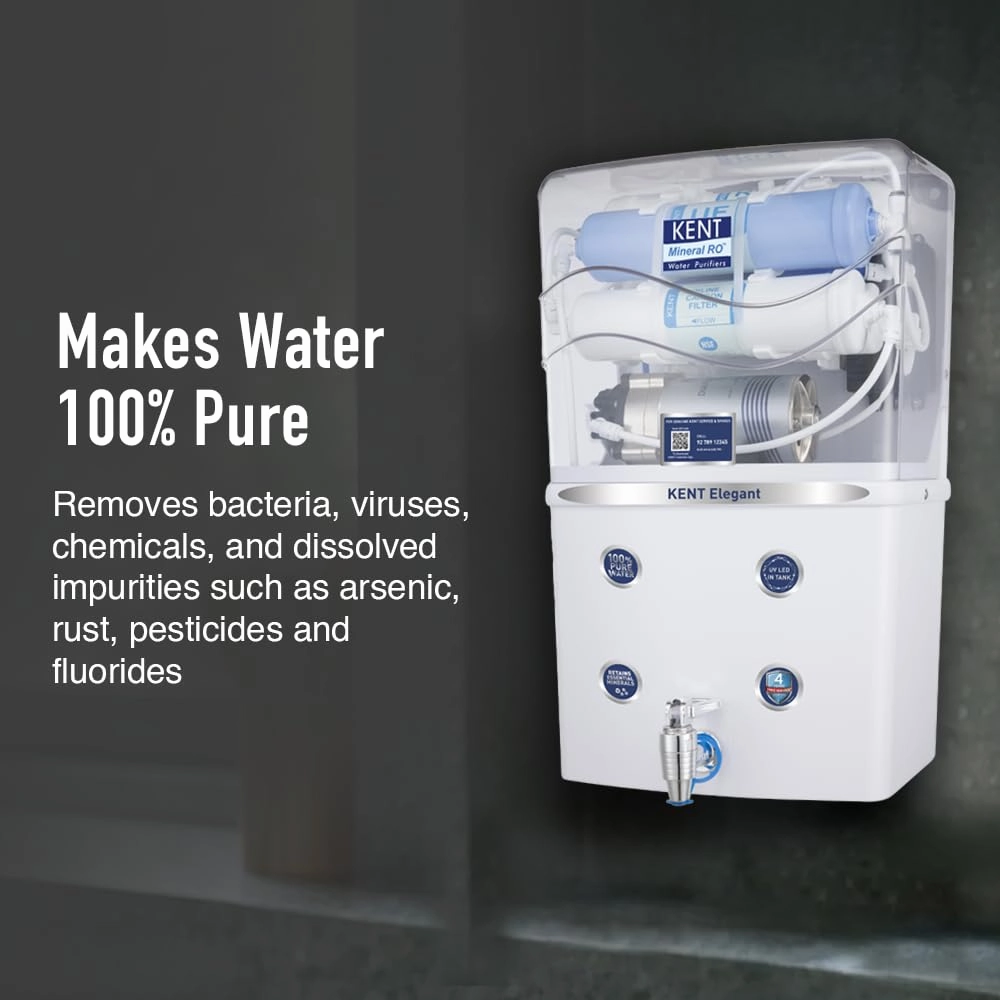 KENT Elegant RO Water Purifier | RO   UF   TDS Control   UV LED Tank | 8L Tank | 15 LPH Flow