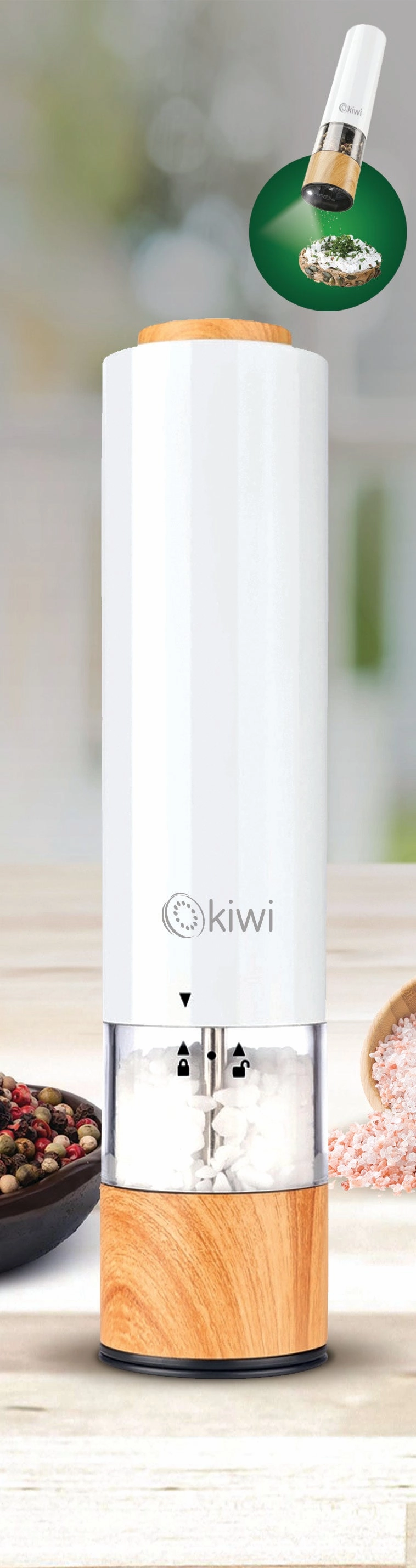 Kiwi Automatic Spice Mill | Adjustable ceramic grinder (fine to coarse)