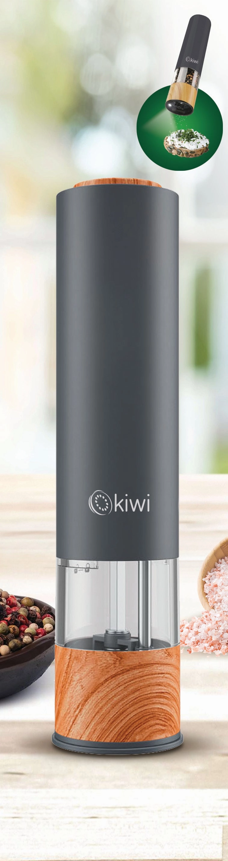 Kiwi Automatic Spice Mill | Adjustable ceramic grinder (fine to coarse)