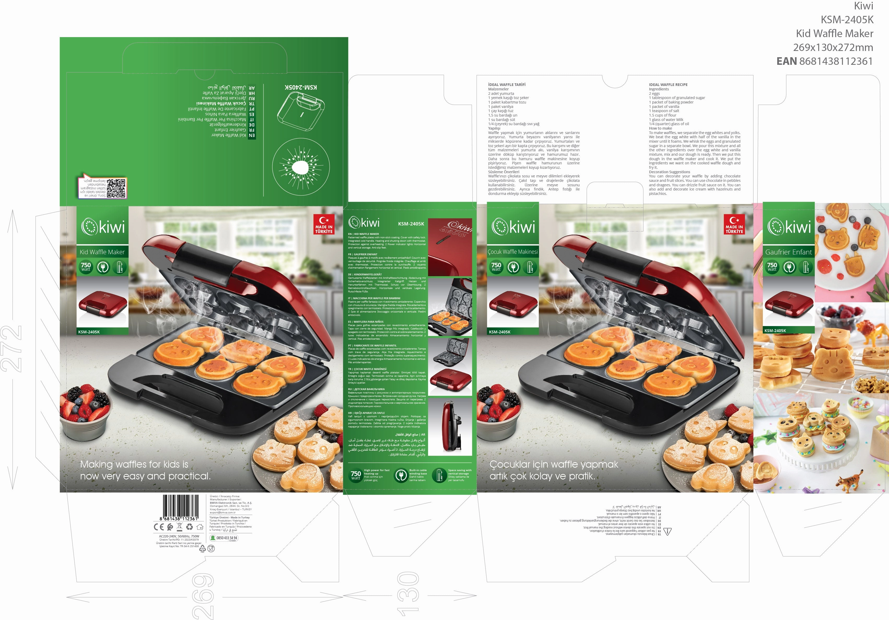 KIWI Kids Waffle Maker | 750W | Overheat Protection