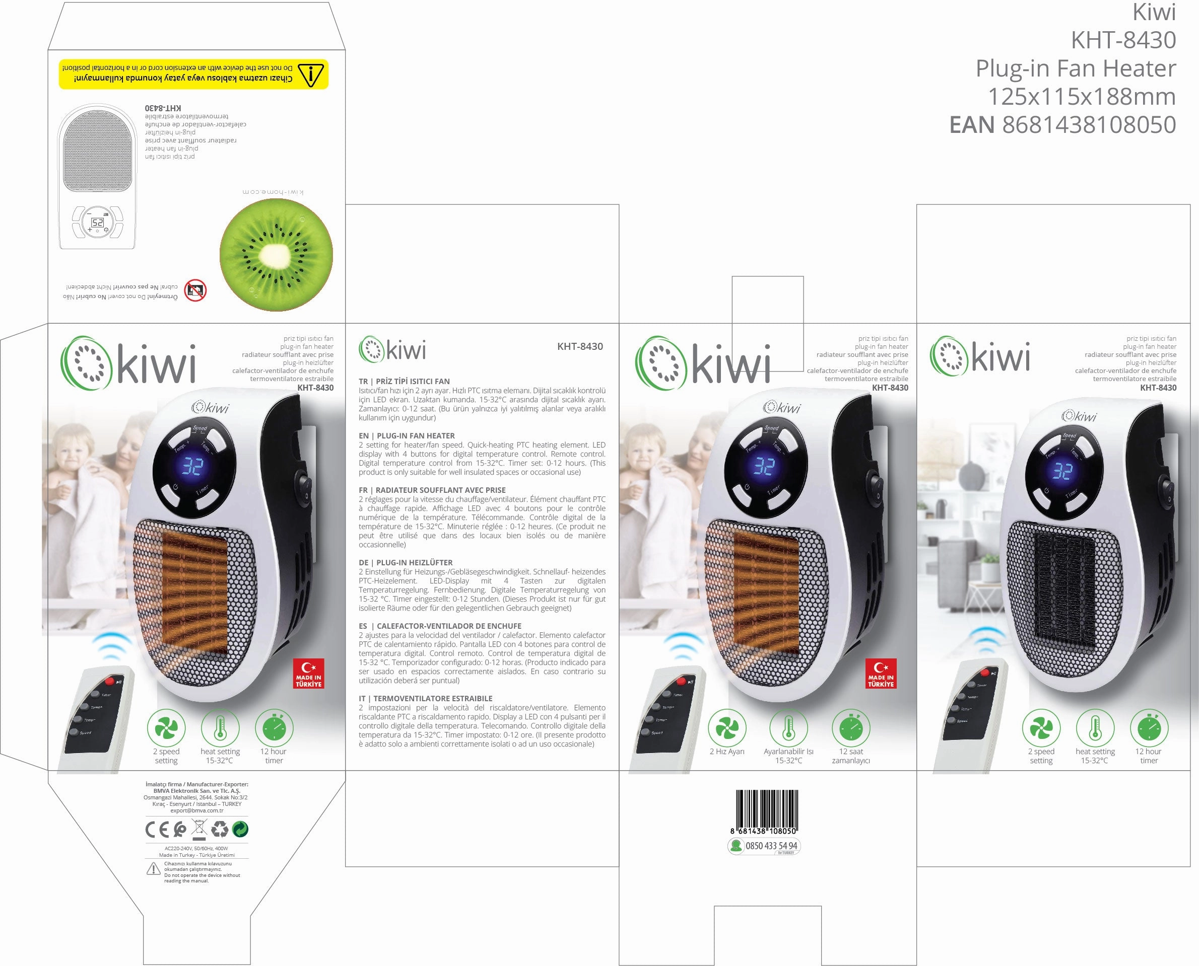 Kiwi Plug-In Ceramic Heater | Temperature Control | LED display with 4 buttons