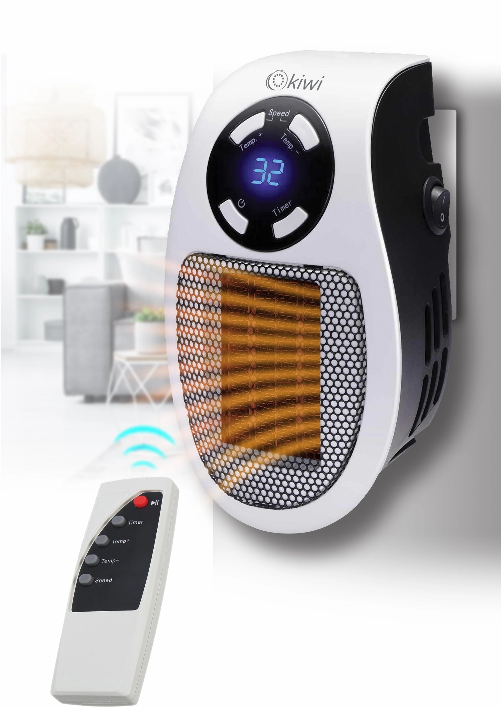 Kiwi Plug-In Ceramic Heater | Temperature Control | LED display with 4 buttons