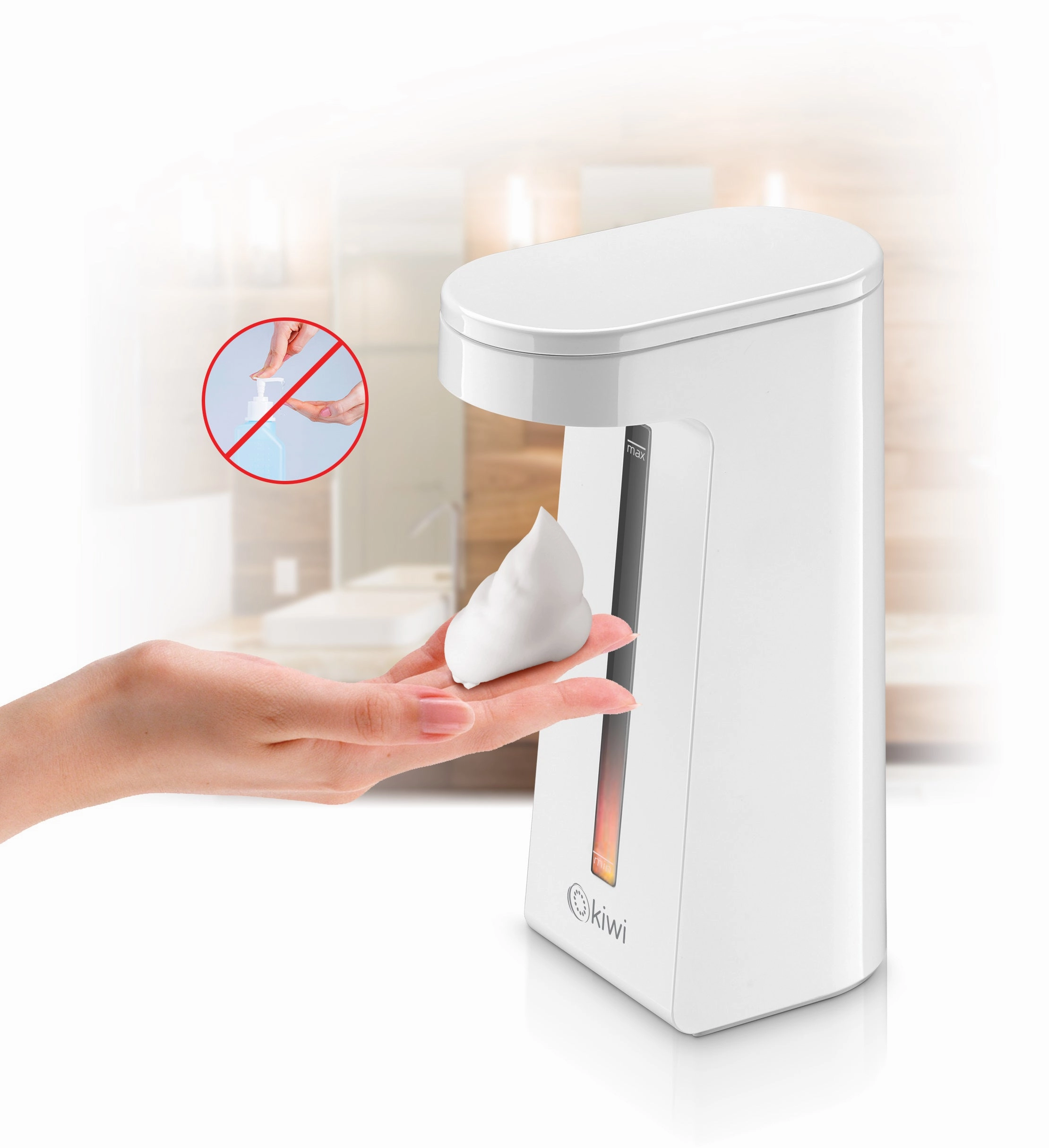 Kiwi Sensor Foam Soap Dispenser | Viewing Window for Easy Monitoring | Mixing Bottle Included for Convenience | On/Off Button | Non-Slip Base