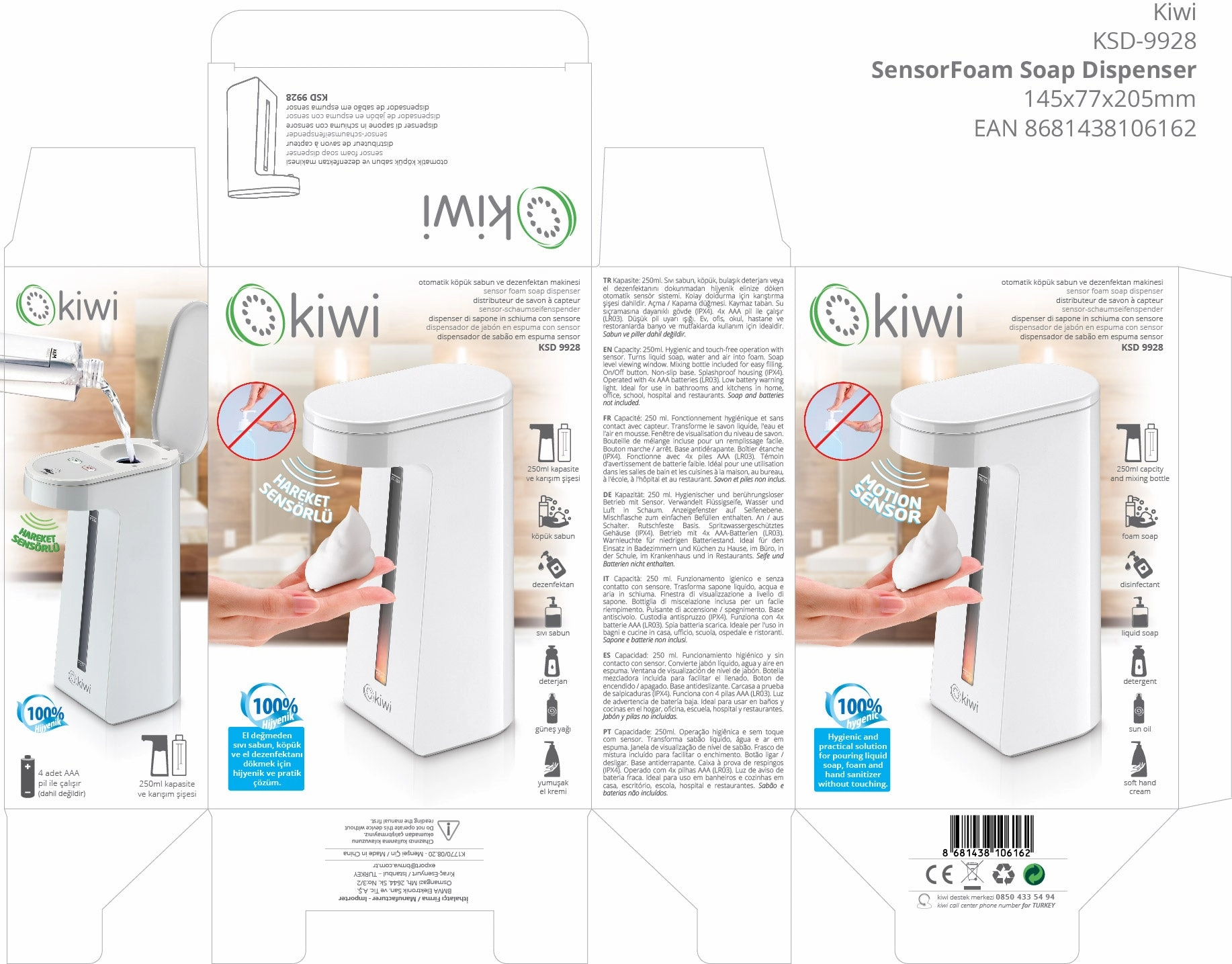 Kiwi Sensor Foam Soap Dispenser | Viewing Window for Easy Monitoring | Mixing Bottle Included for Convenience | On/Off Button | Non-Slip Base
