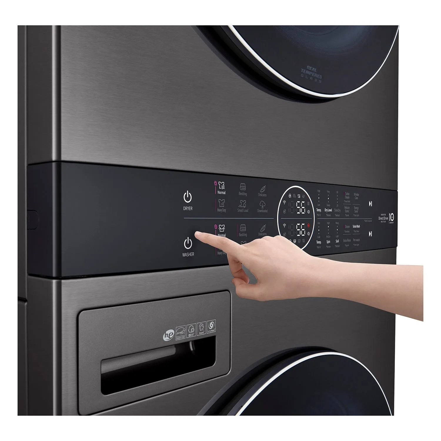 LG Black Steel Front Load LG WashTower with Centre Control 5.2 Cu. Ft. Steam Washer and 7.4 Cu. Ft. Electric Steam Dryer - WKEX200HBA