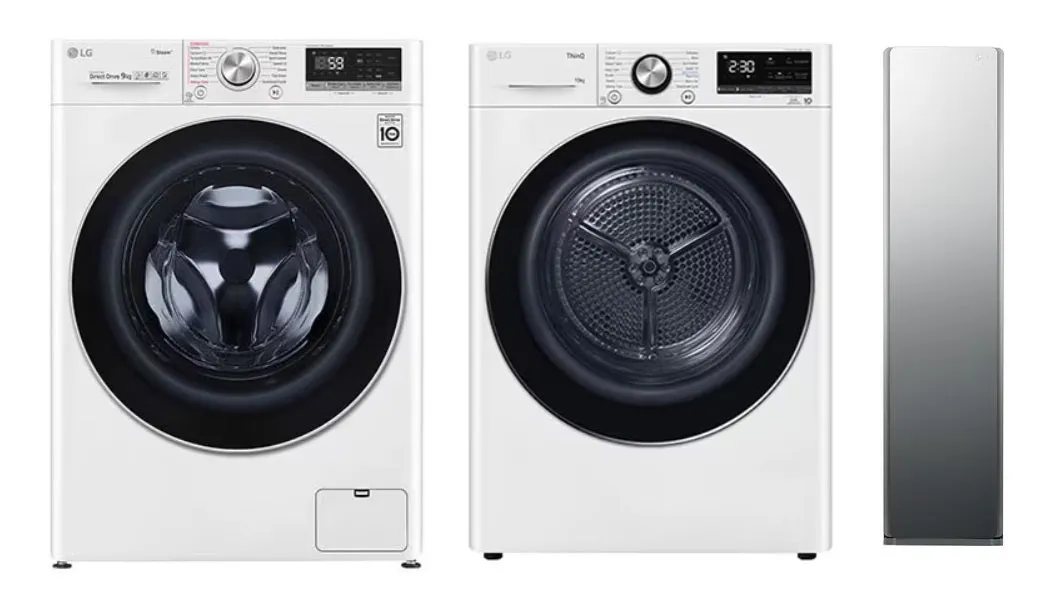 LG FV1409S3W 9KG Front Load Washing Machine LG TD-H10VWD 10KG, Dual Inverter Heat Pump dryer LG S3MFC Styler