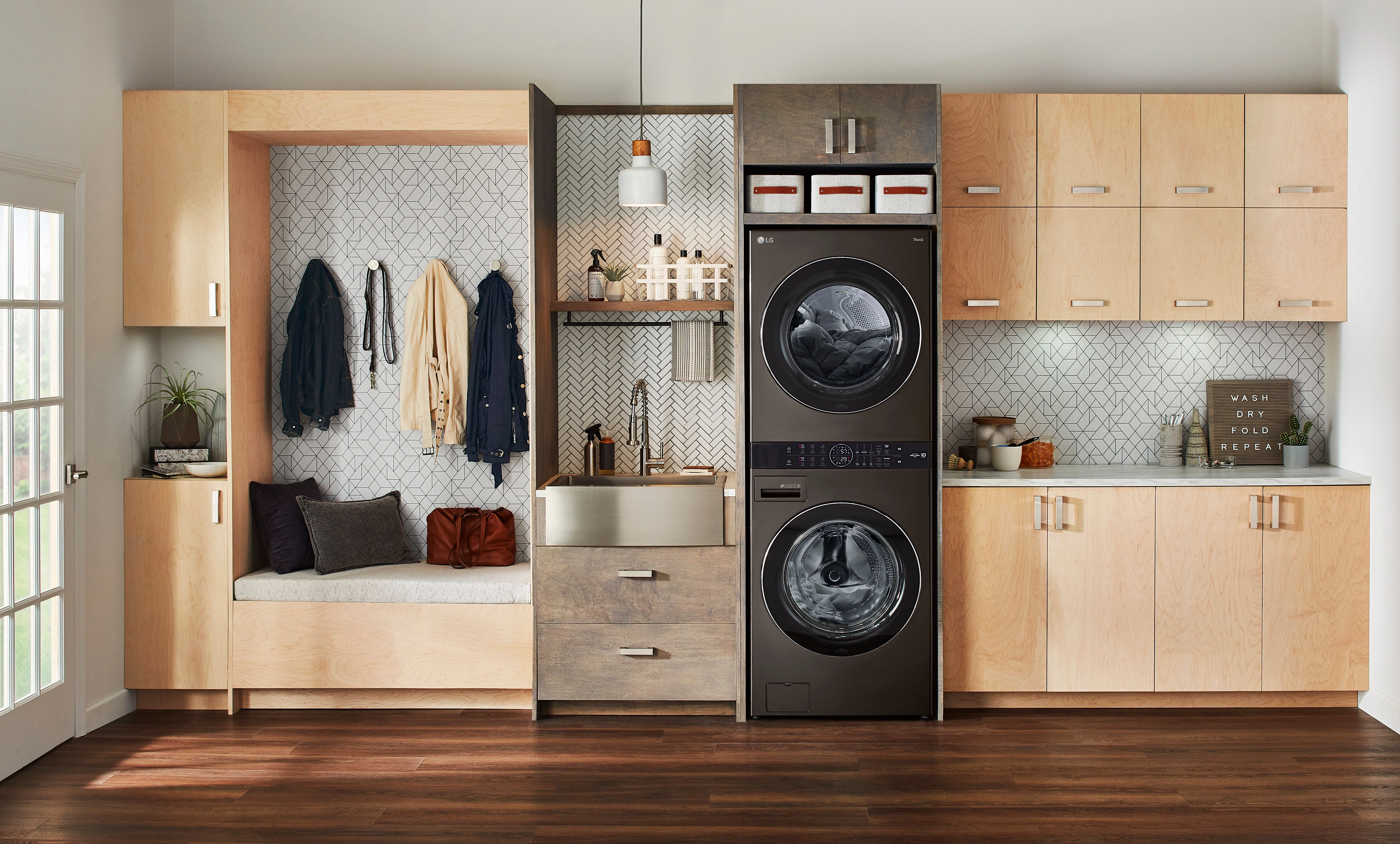 LG Black Steel Front Load LG WashTower with Centre Control 5.2 Cu. Ft. Steam Washer and 7.4 Cu. Ft. Electric Steam Dryer - WKEX200HBA