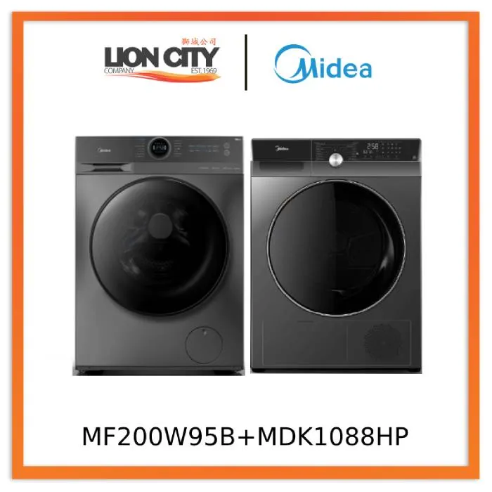Midea MF200W95B Front Load Washer (9.5KG)   MDK1088HP Heat Pump Dryer (10KG) with Free Stacking Kit