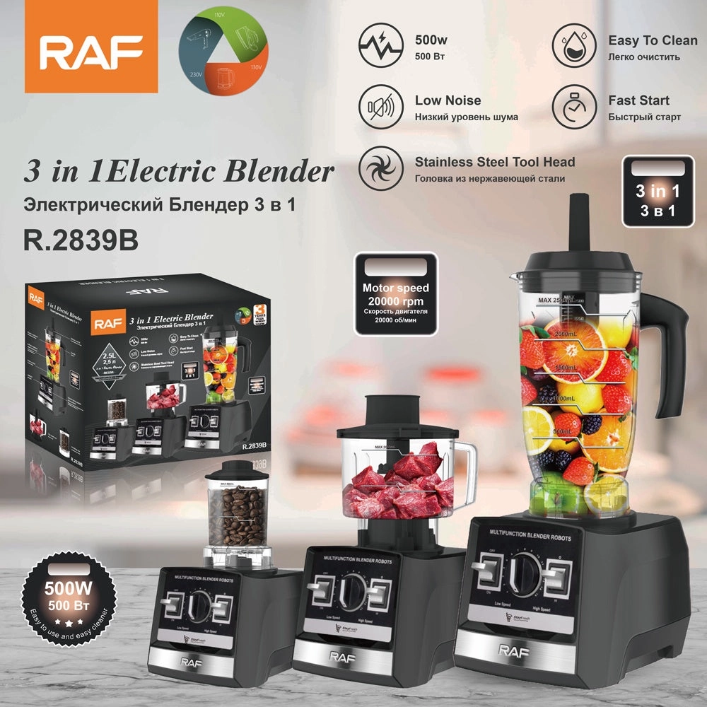 RAF 3-in-1 Electric Blender | Stainless Steel Tool Head | Low Noise | Fast Start | Easy To Clean | Black Color