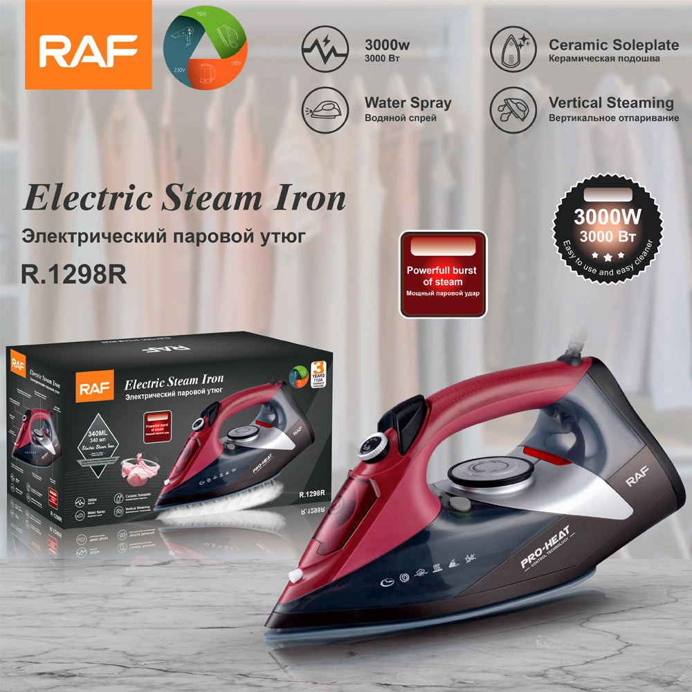 RAF Electric Steam Iron | 3000W | Vertical Steaming | CeramicSoleplate|Water Spray | PowerfullBurstofSteam