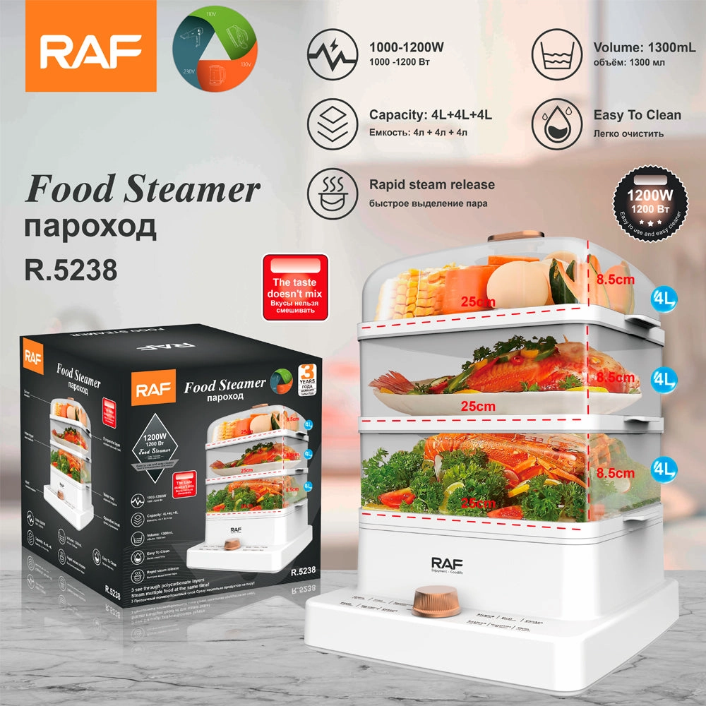 RAF Food Steamer | 12L Capacity | Rapid Steam Release | 1300 ml Volume | 1000-1200W | 220-240V~ 50/60Hz