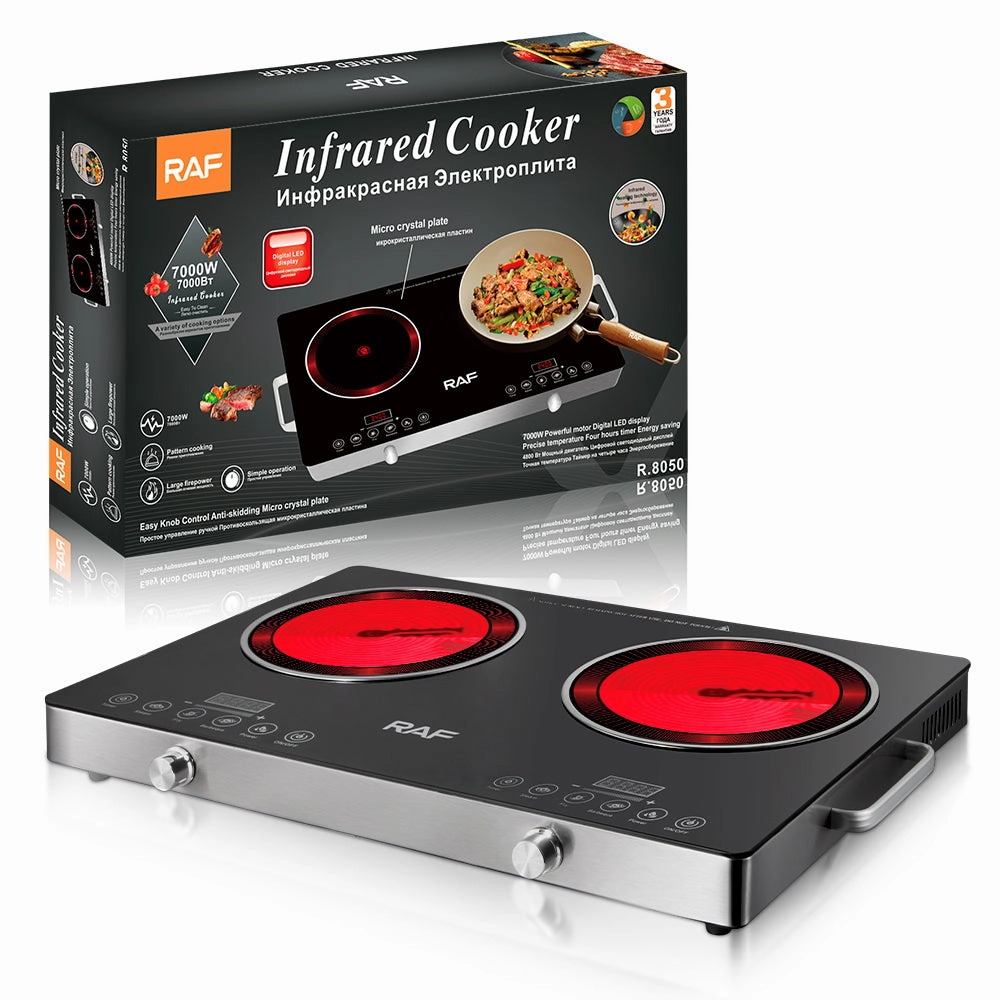 RAF Infrared Cooker | Double Burner Electric Cooktop | Stainless Steel Shell, 670*400*5mm | Digital LED Display | Large FirePower | Pattern Cooking | 7000W