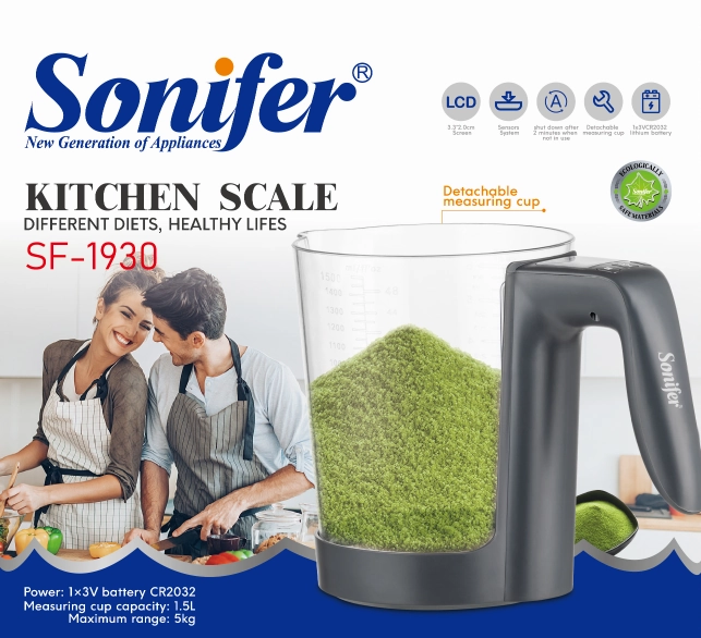 Sonifer Kitchen Scale | 1.5L Measuring Cup | 5kg Maximum Range | Dishwasher Safe | LCD Display