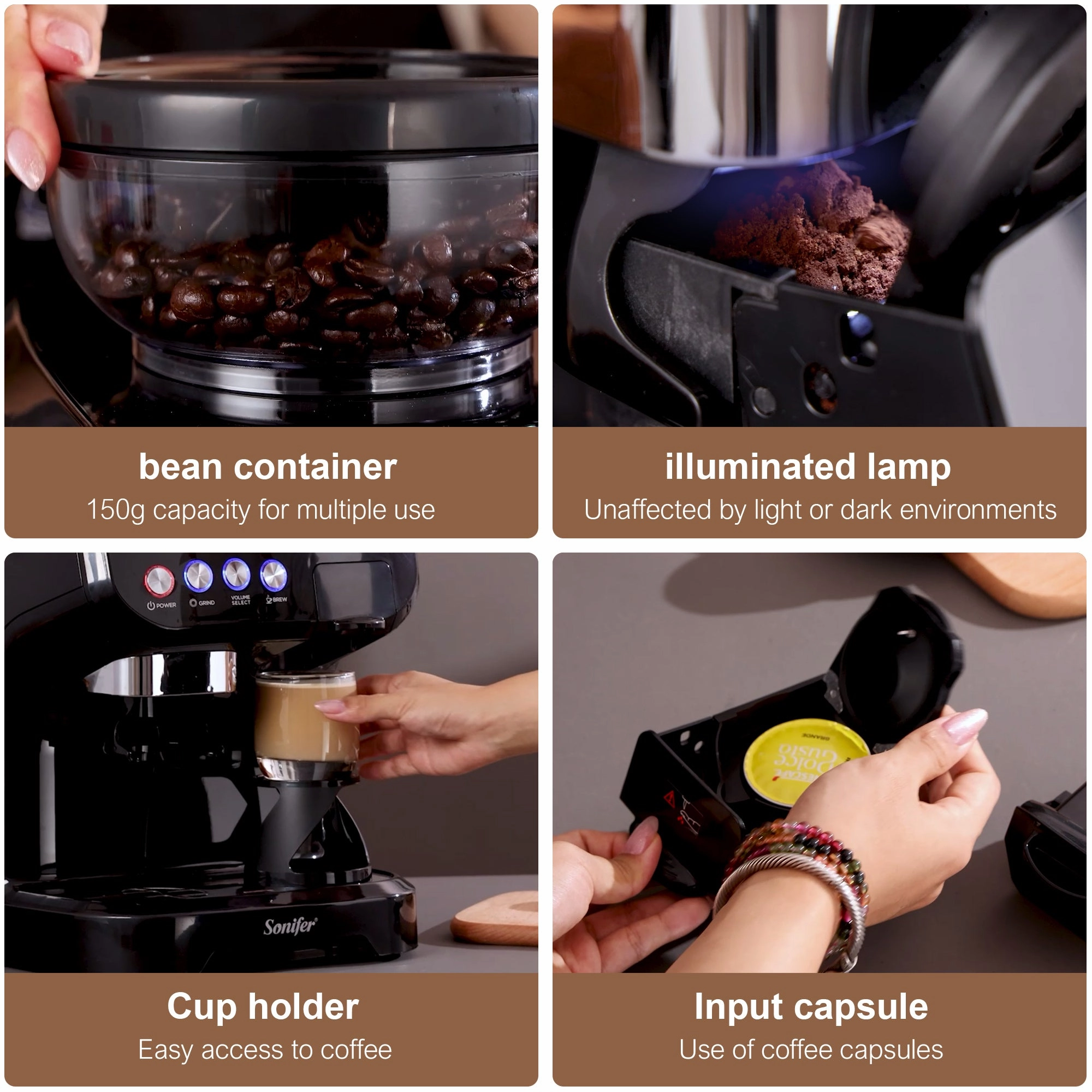 Sonifer  Multifunctional Ground Bean Capsule Coffee Machine | 150g capacity | 2L detachable water tank