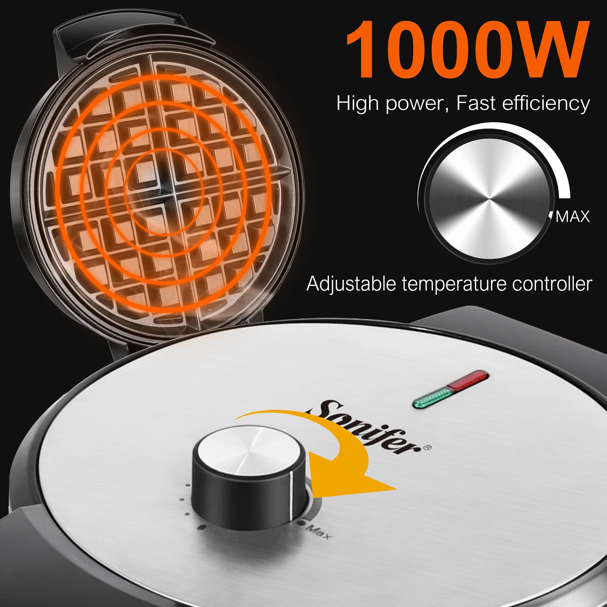 Sonifer Waffle Maker | Non-Stick Plate | Adjustable Temperature | 1000W